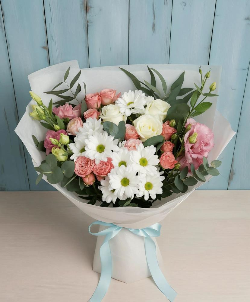 Букет цветов из: Розы, Лизиантусы и Хризантемы в Биорках