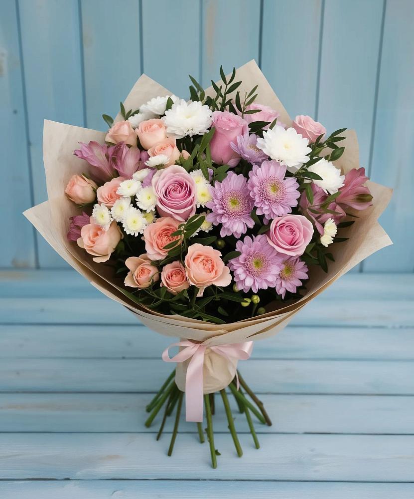 Букет цветов из: Хризантемы, Розы и Альстромерии в Биорках