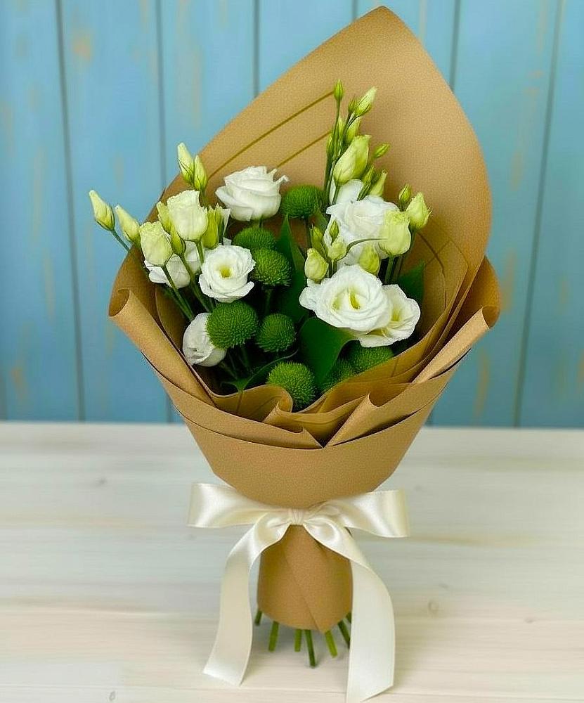 Букет цветов из: Хризантемы и Лизиантусы в Биорках