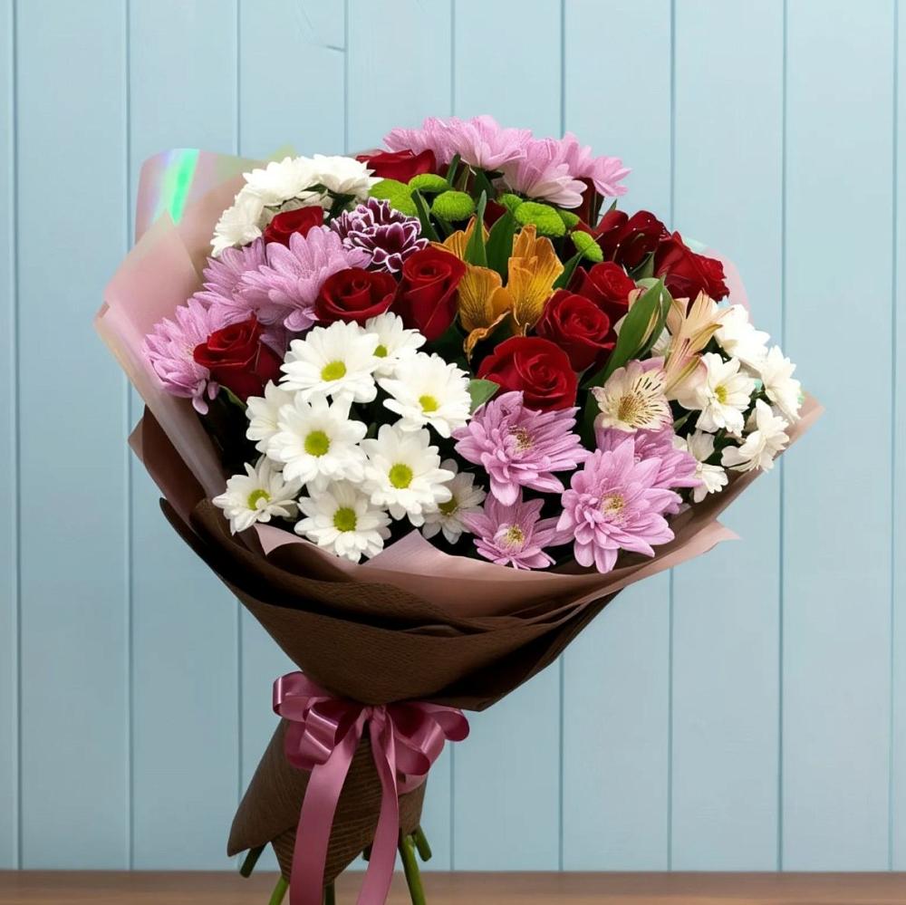 Букет цветов из: Розы, Хризантемы и Альстромерии в Биорках