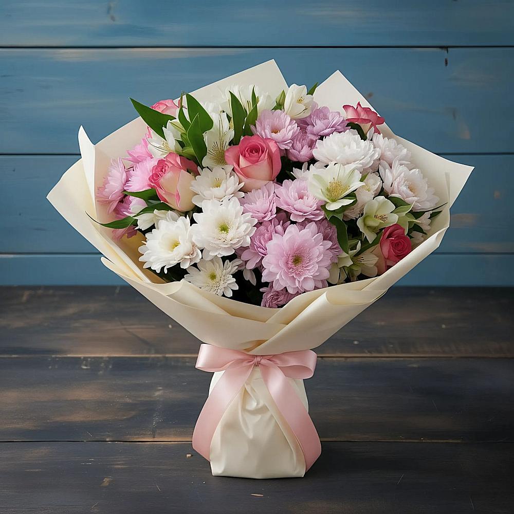 Букет цветов из: Хризантемы, Альстромерии и Розы в Биорках